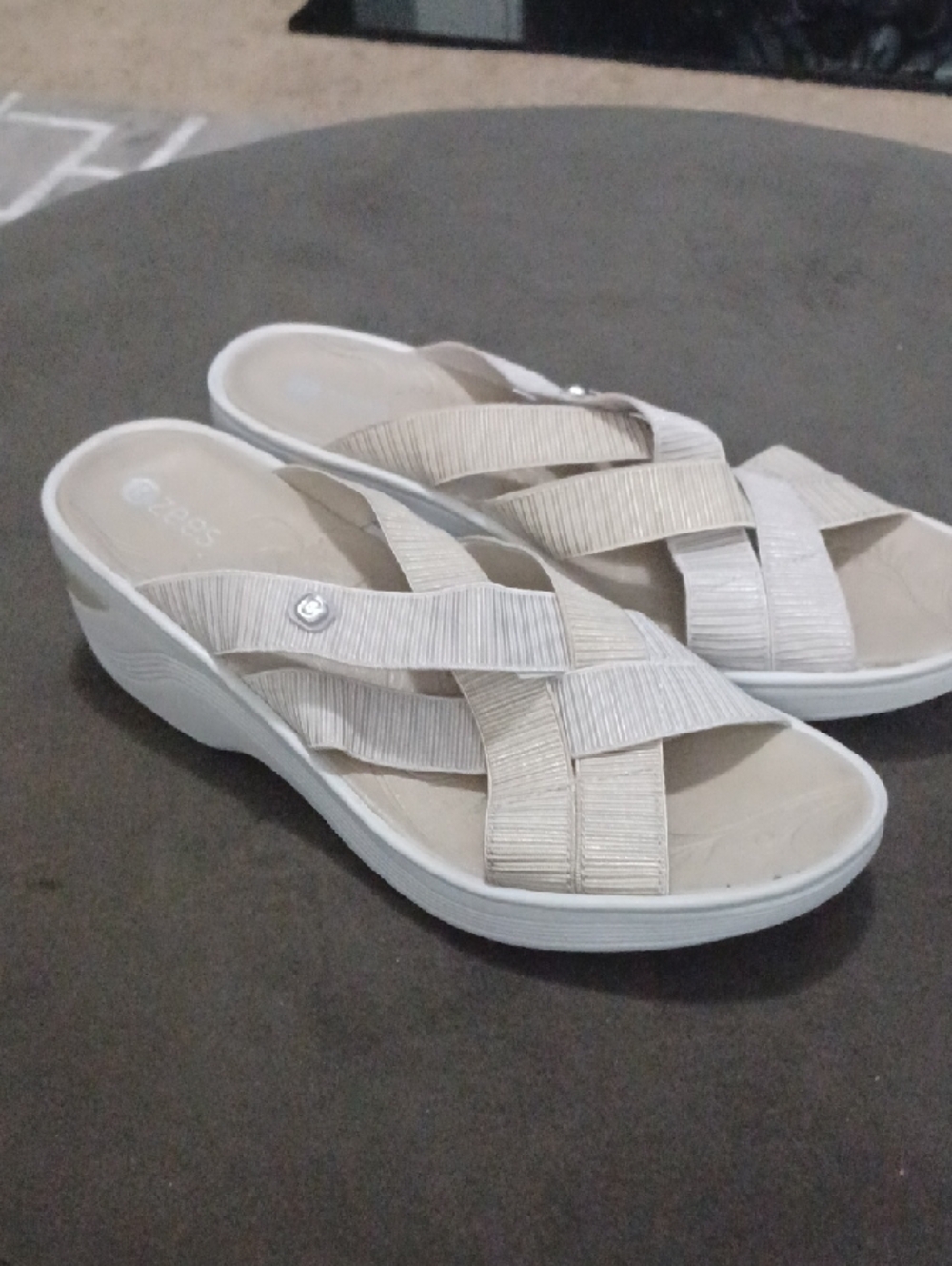 Bzees Neutral Beige Crisscross Wedge Slides
